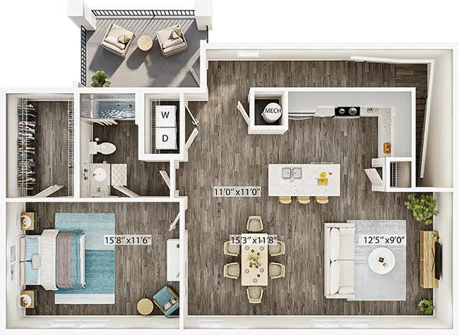 The Cline Floor Plan with Garage - One Bedroom Winchester Apartment