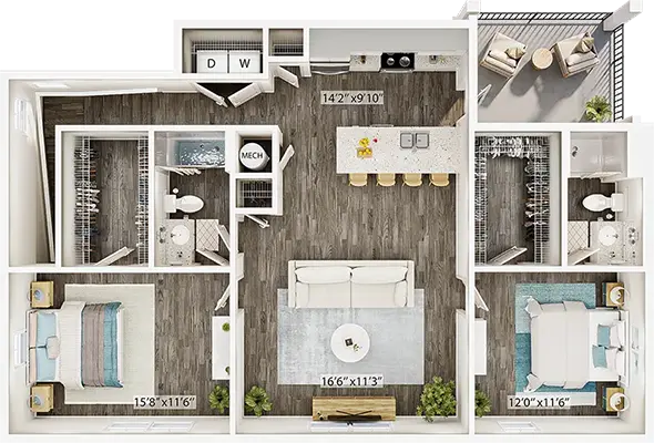 The Raven Floor Plan with Garage - Two Bedroom Winchester Apartment