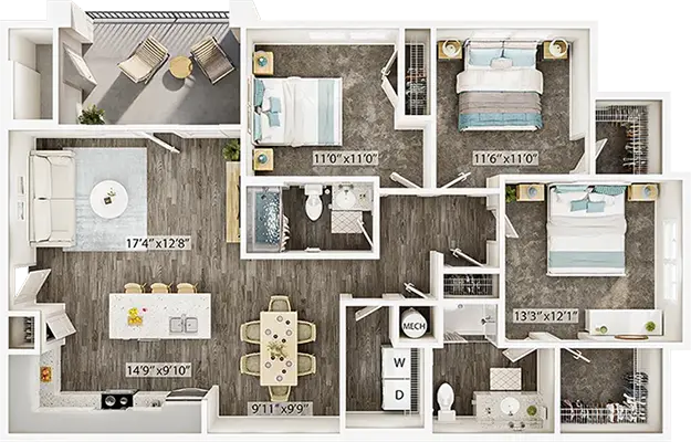 The Redbud Floor Plan - Three Bedroom Winchester Apartment
